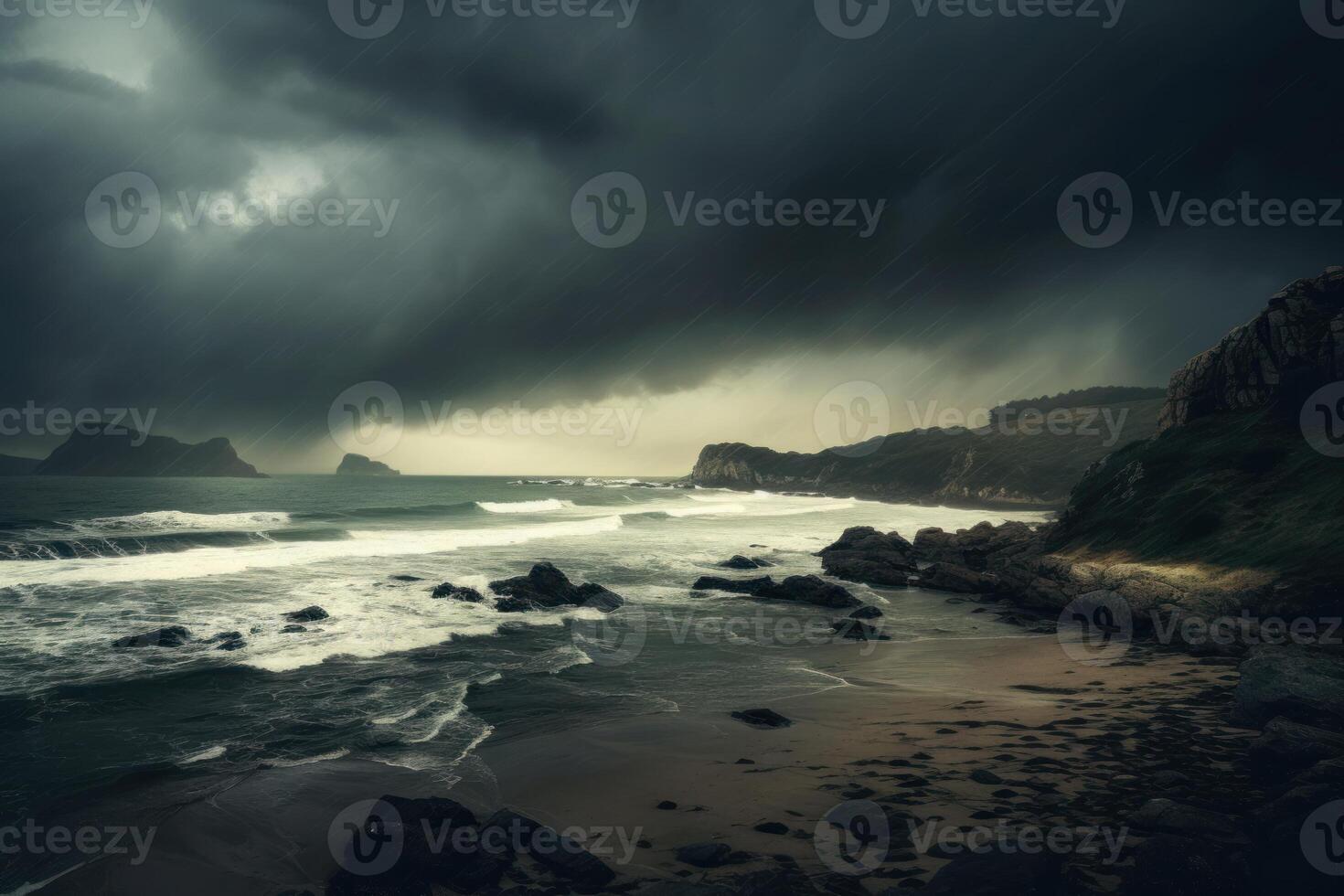 A dramatic stormy sky and rocky coastline. photo