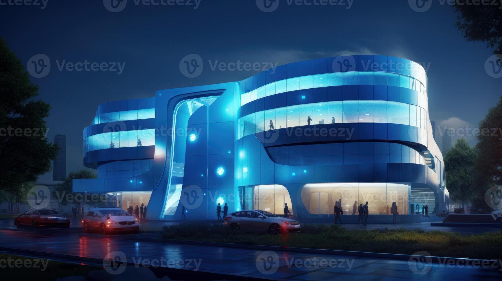 People gathered outside a modern building at night with a futuristic design. photo