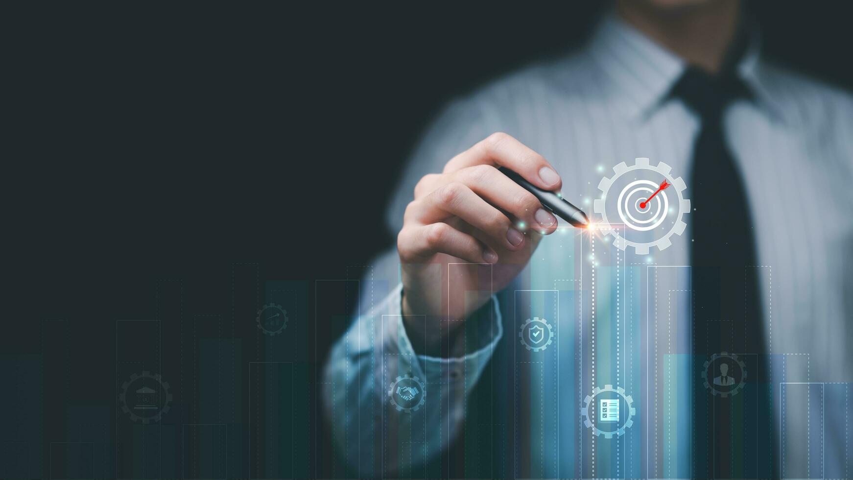 businessman showing business goal setting concept,Target Growth development planning,Organizational growth and objectives , marketing strategy planning,improving business objectives ,business partner photo