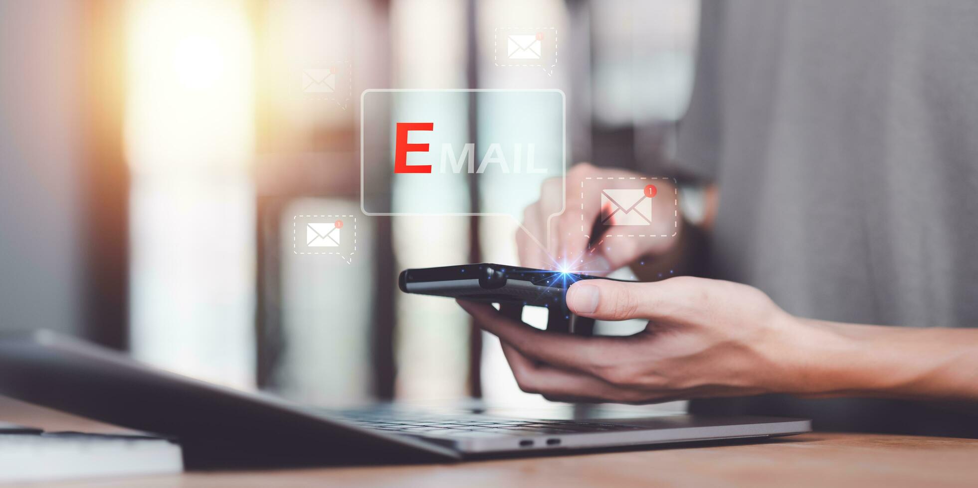 Businessman checking electronic mail ,Email marketing and newsletter concept ,Digital communication with email messages ,Sending and receiving messages online with the email icon ,Newsletter photo