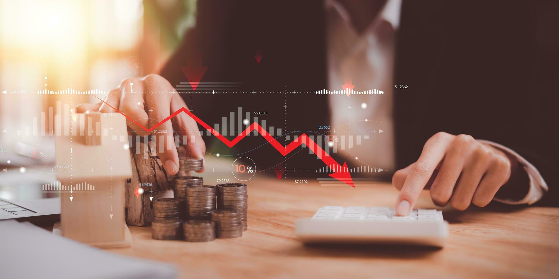concept of interest rates and dividends ,Interest rate decline graph ,Financial interest rates ,economic recession ,stock market ,finance and investment ,percentage increase in debt ,interest burden photo