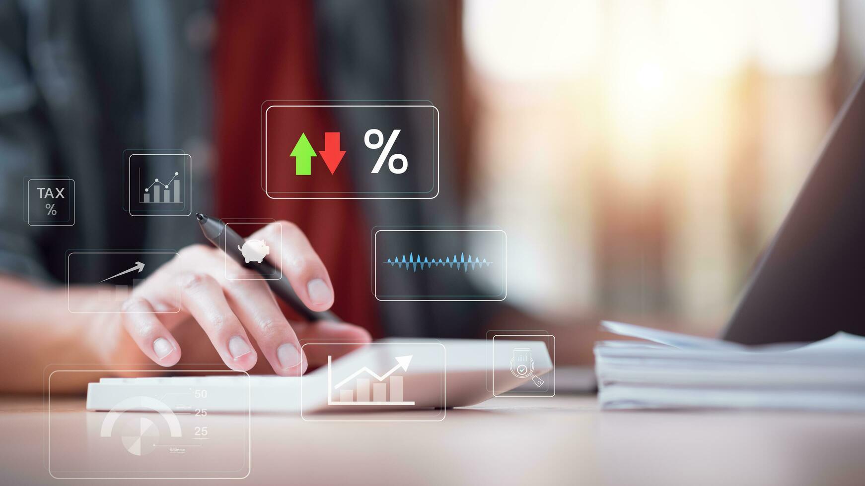 accountant using a calculator to calculate numbers ,Financial interest rate growth graph ,investment growth percentage and interest on deposits ,an increase in interest rates ,finance and investment photo