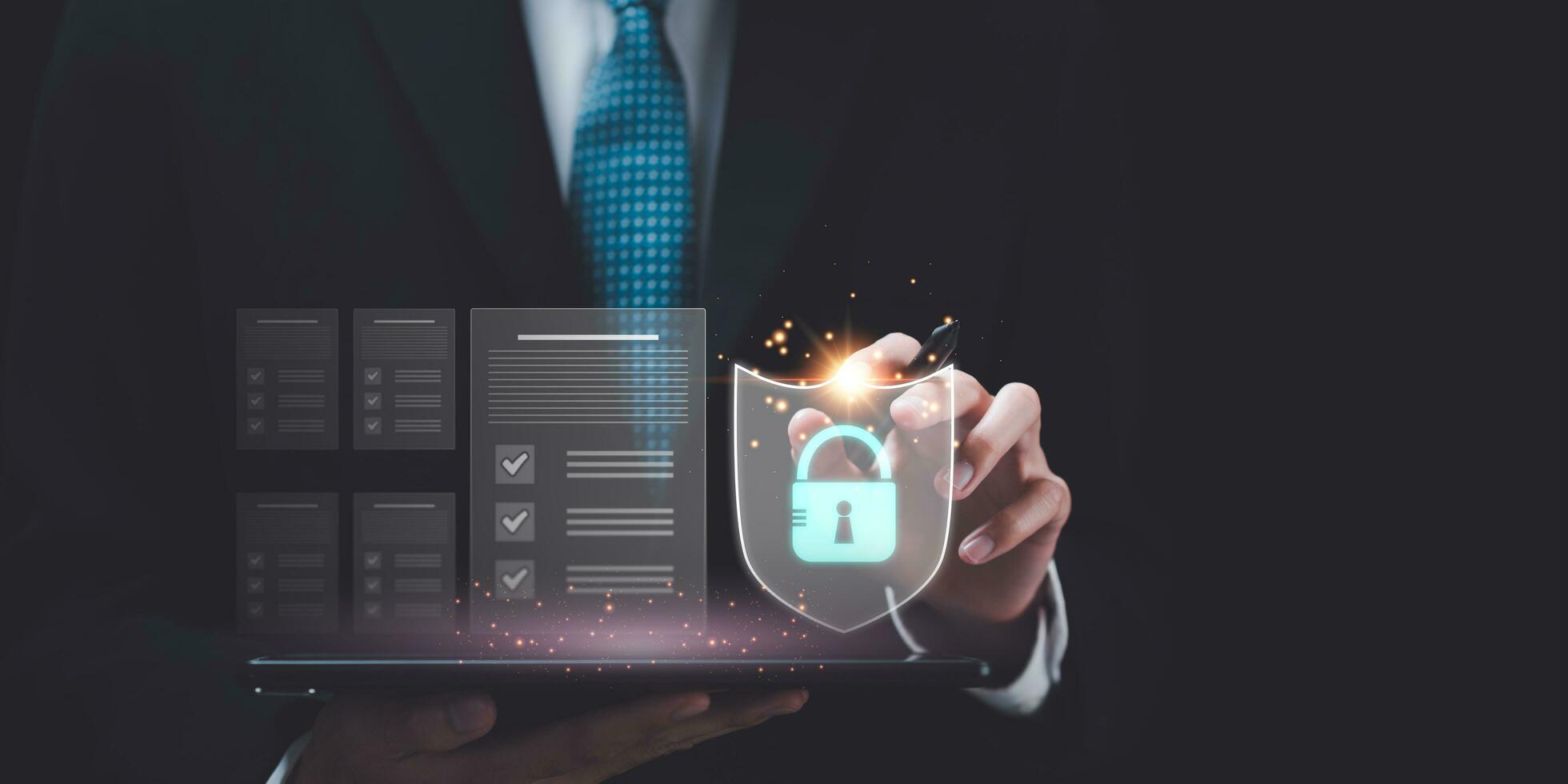 Businessman showing data access protection with key icon , photo