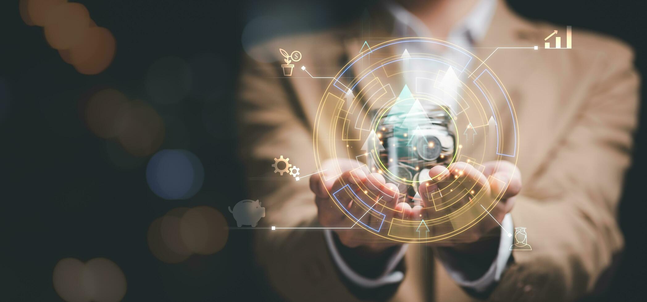 Businessman showing business growth and success graph ,concept of progress in development ,financial efficiency and investment ,increase in business profits ,future industry growth opportunities photo