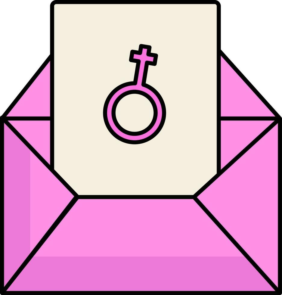 Female Gender Symbol Paper With Envelope Flat Icon In Pink And Cosmic Latte Color. vector