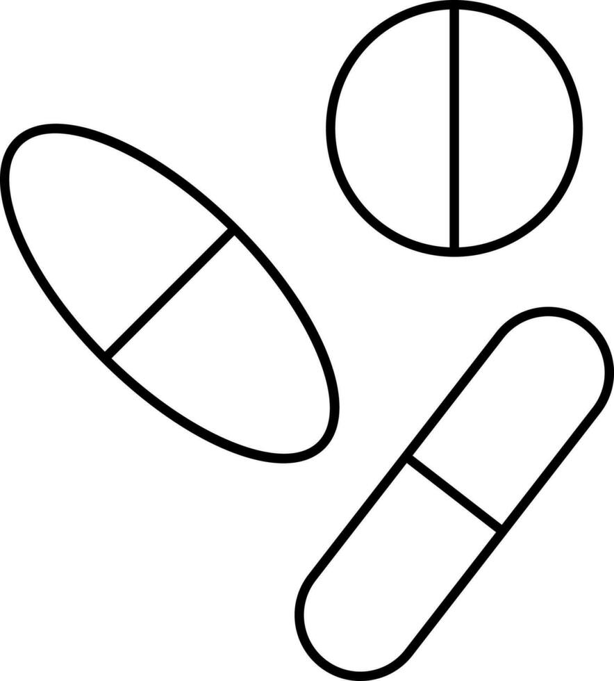 Three Shapes Antibiotic Tablets Icon In Black Outline. vector