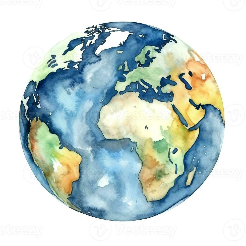 Watercolor planet Earth icon on white background. Earth day or environment conservation concept. Save green planet concept photo