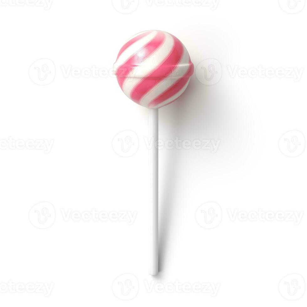 Striped fruit pink and white lollipop on stick on bright pink background with copy space. 3d rendering. photo