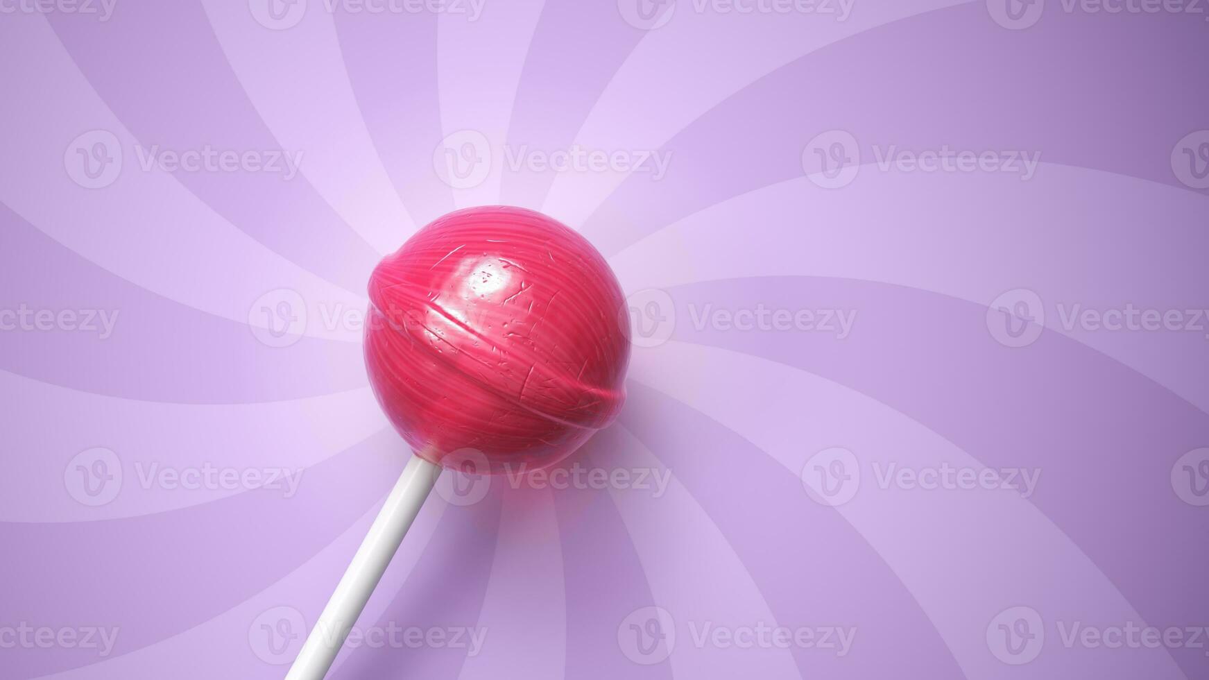 Sweet pink lollipop on stick on purple striped background photo