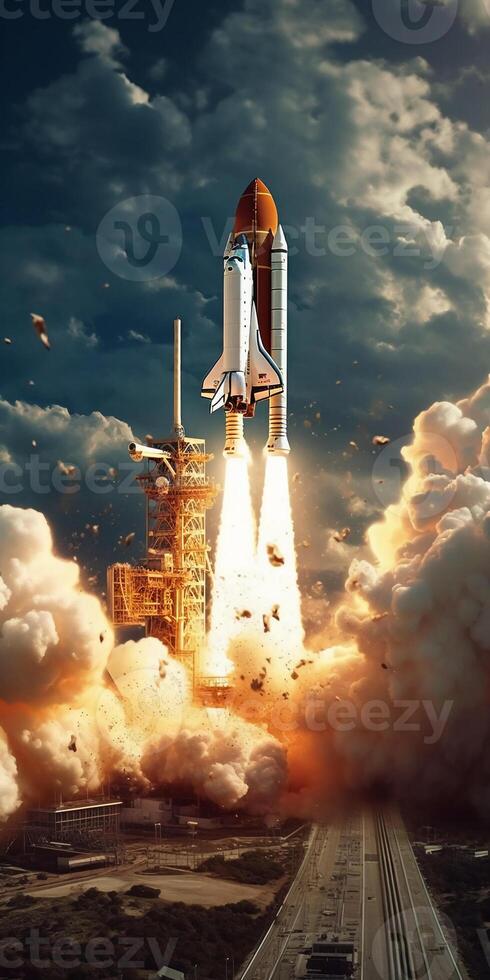 The space shuttles launching from the earth as a tectonic crisis destroys it. photo