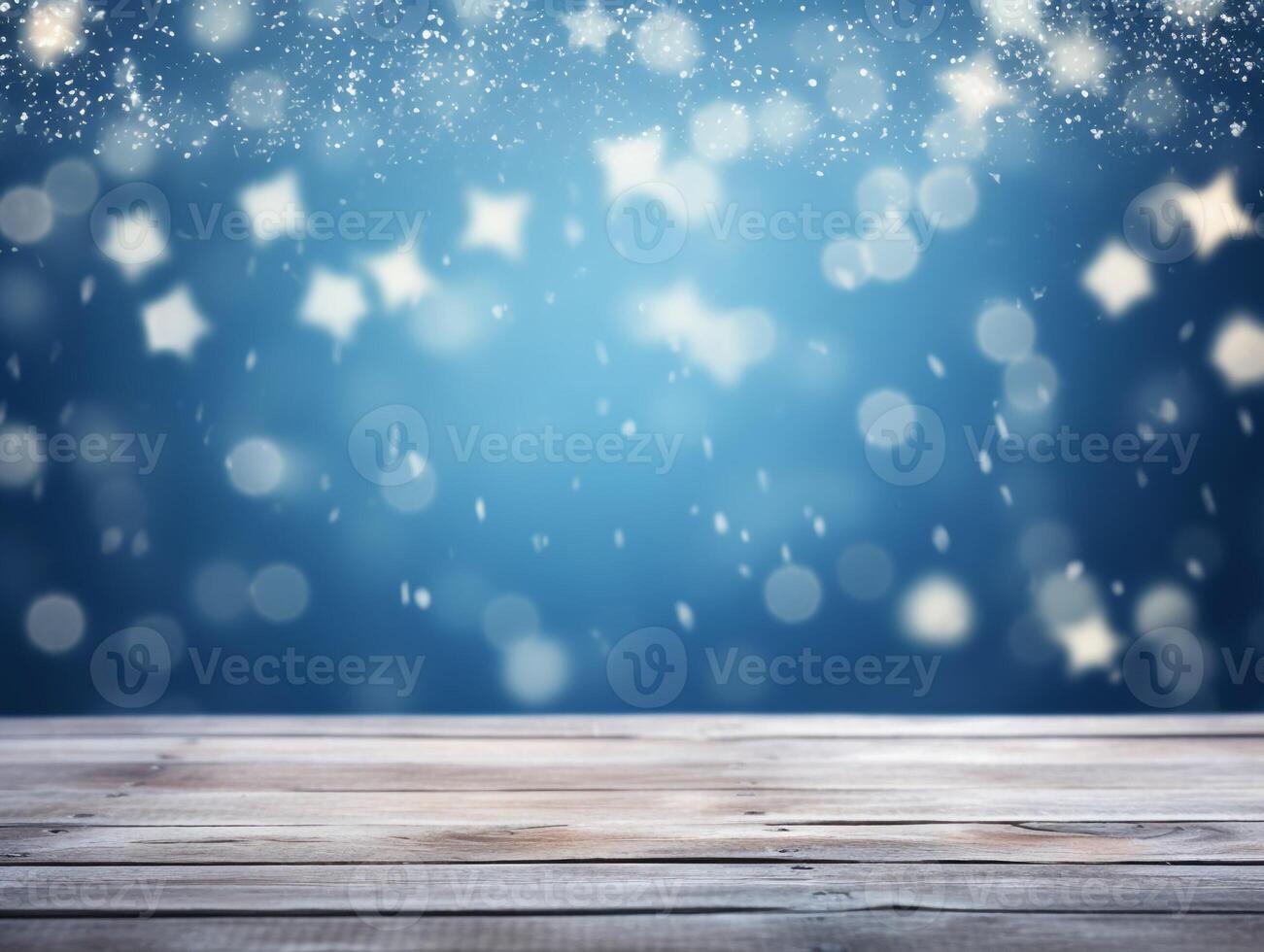 Winter snowy stage background with wooden flooring and Christmas lights on blue background, banner format, copy space. photo