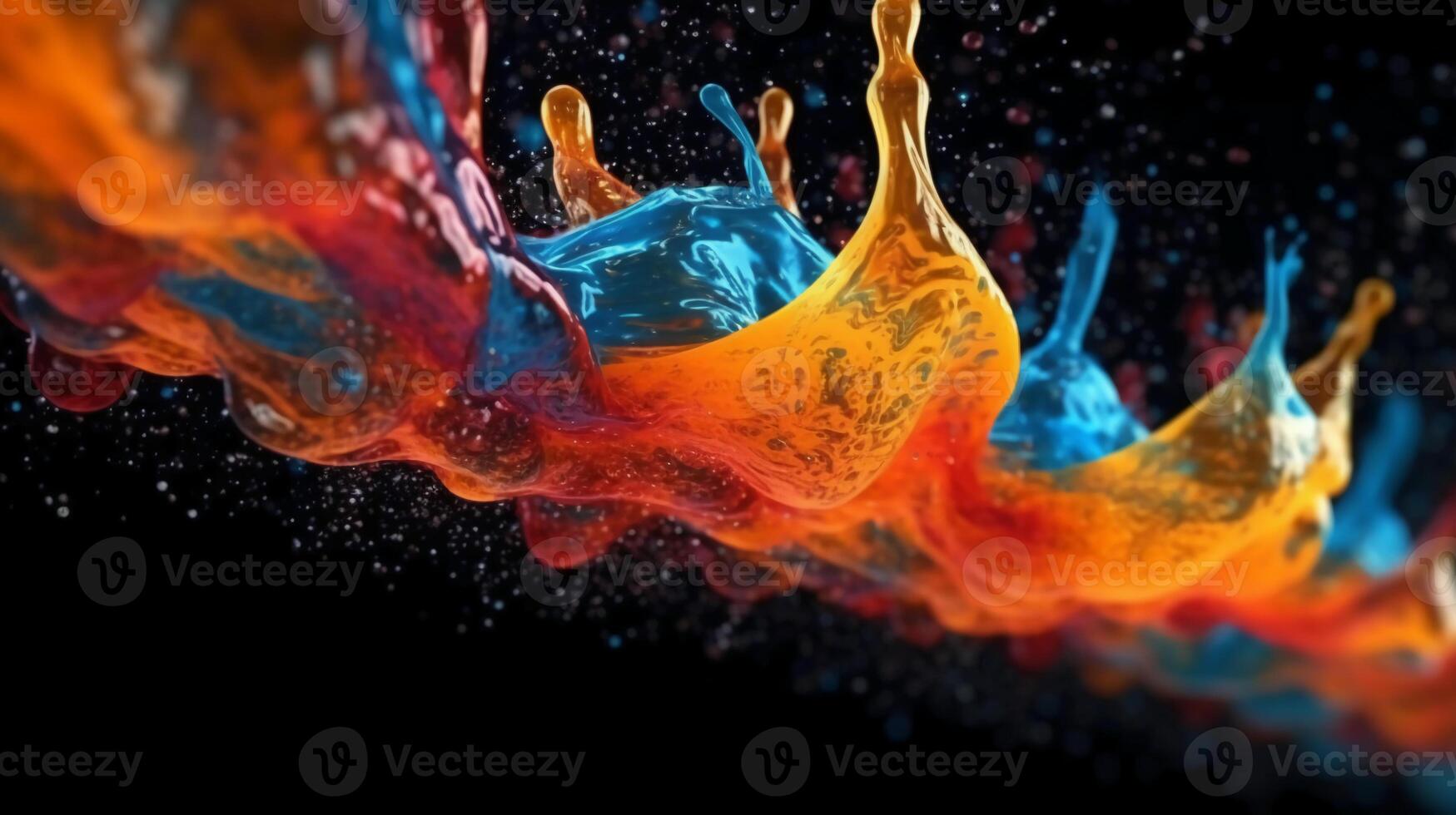 Paint drop. Ink water. Cold flame. Burning ice. Red orange blue color gradient glowing glitter fluid splash on dark black abstract art background. photo