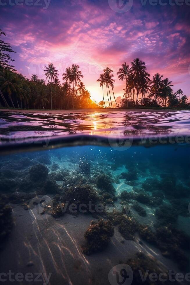 fotografía de hermosa atractivo playa escena con púrpura puesta de sol cielo. ai generativo foto