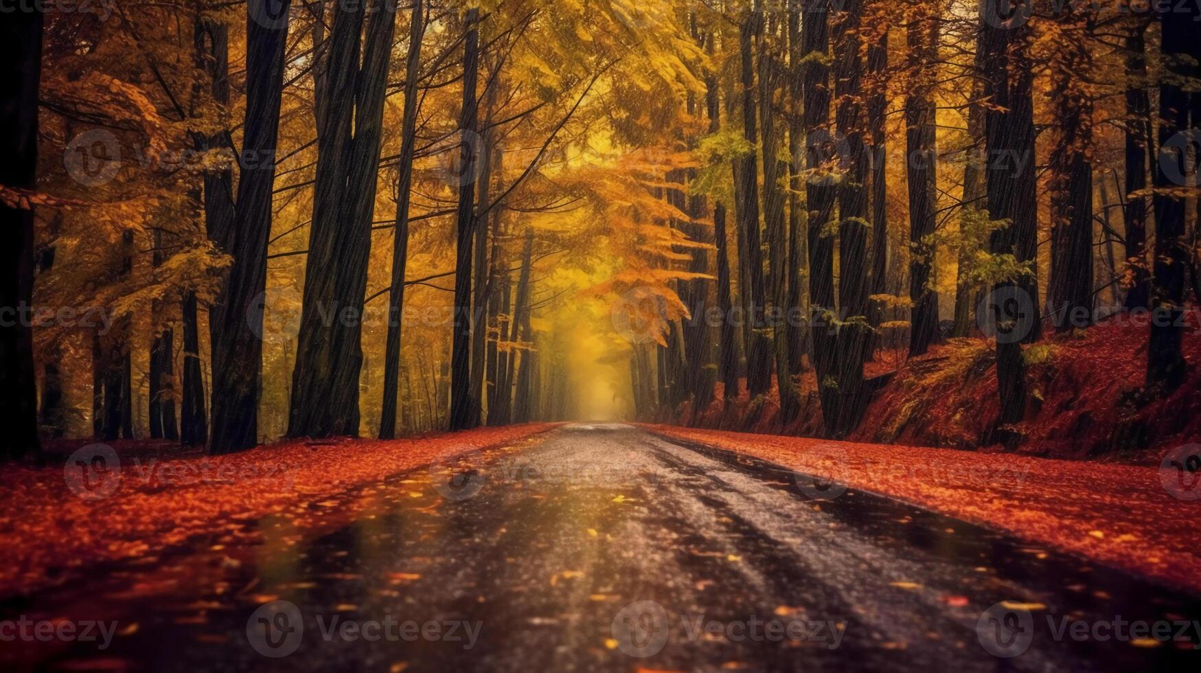 a beautiful long road in autumn season is lined with trees bearing colorful leaves. photo