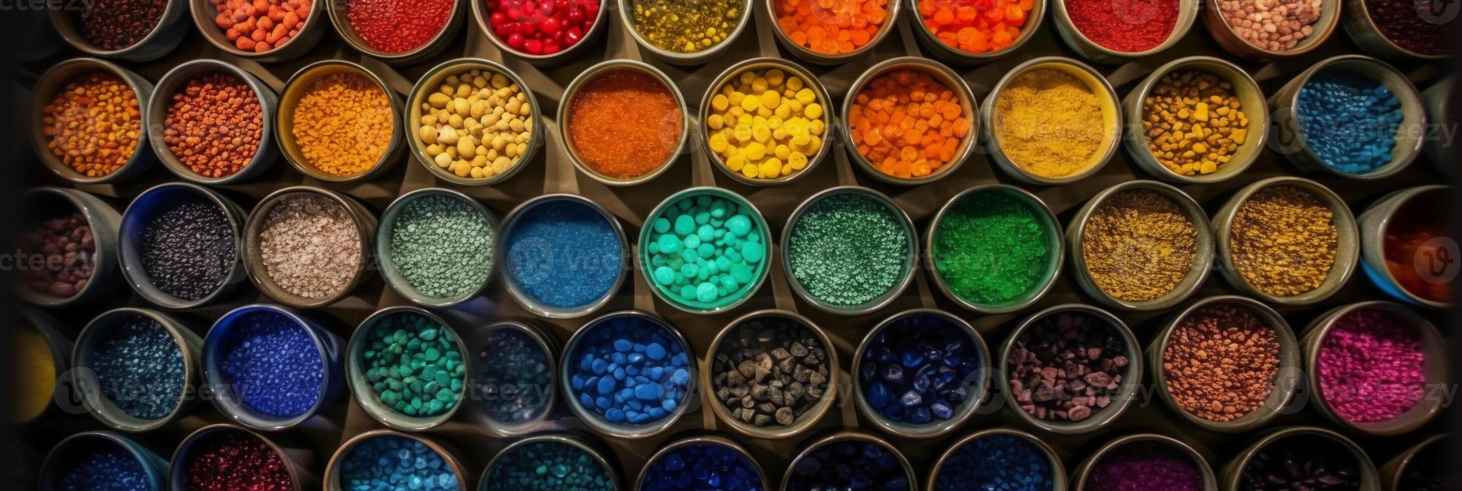 top view, aerial view, bowls of gemstones of the color of the rainbow. photo