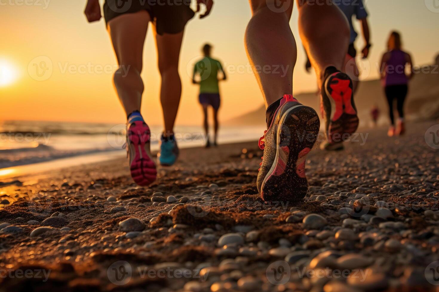 cerca arriba piernas corredor grupo corriendo en amanecer playa camino. ai generativo foto