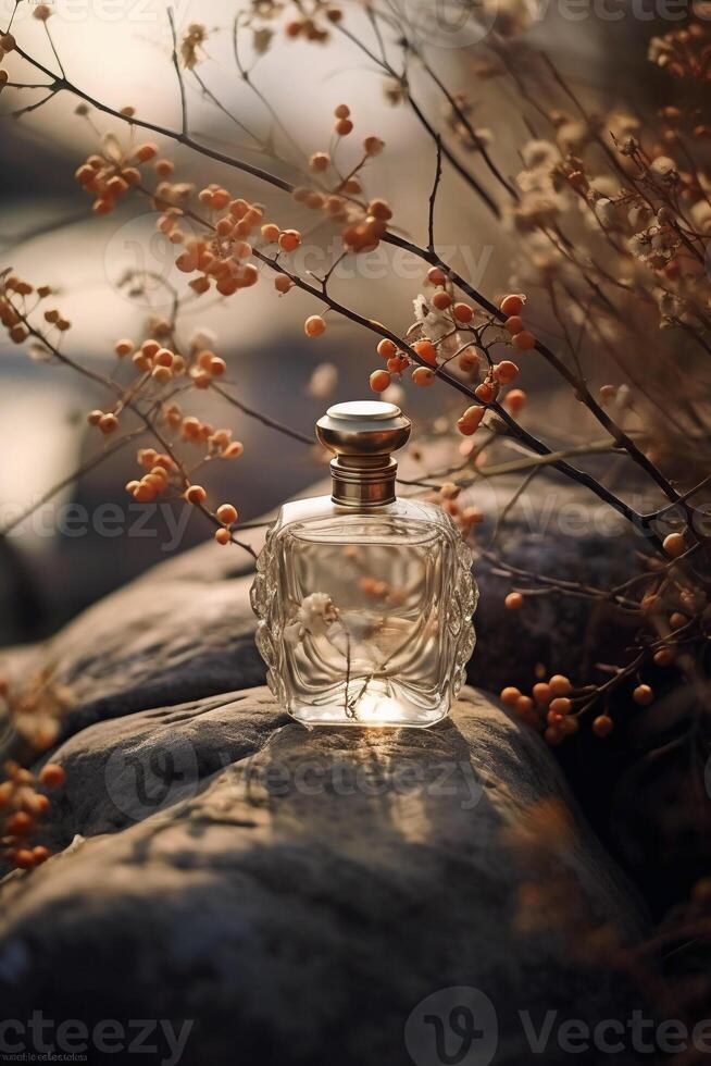 Still life photography, transparent perfume bottle in the center, stones, branches, flowers. photo