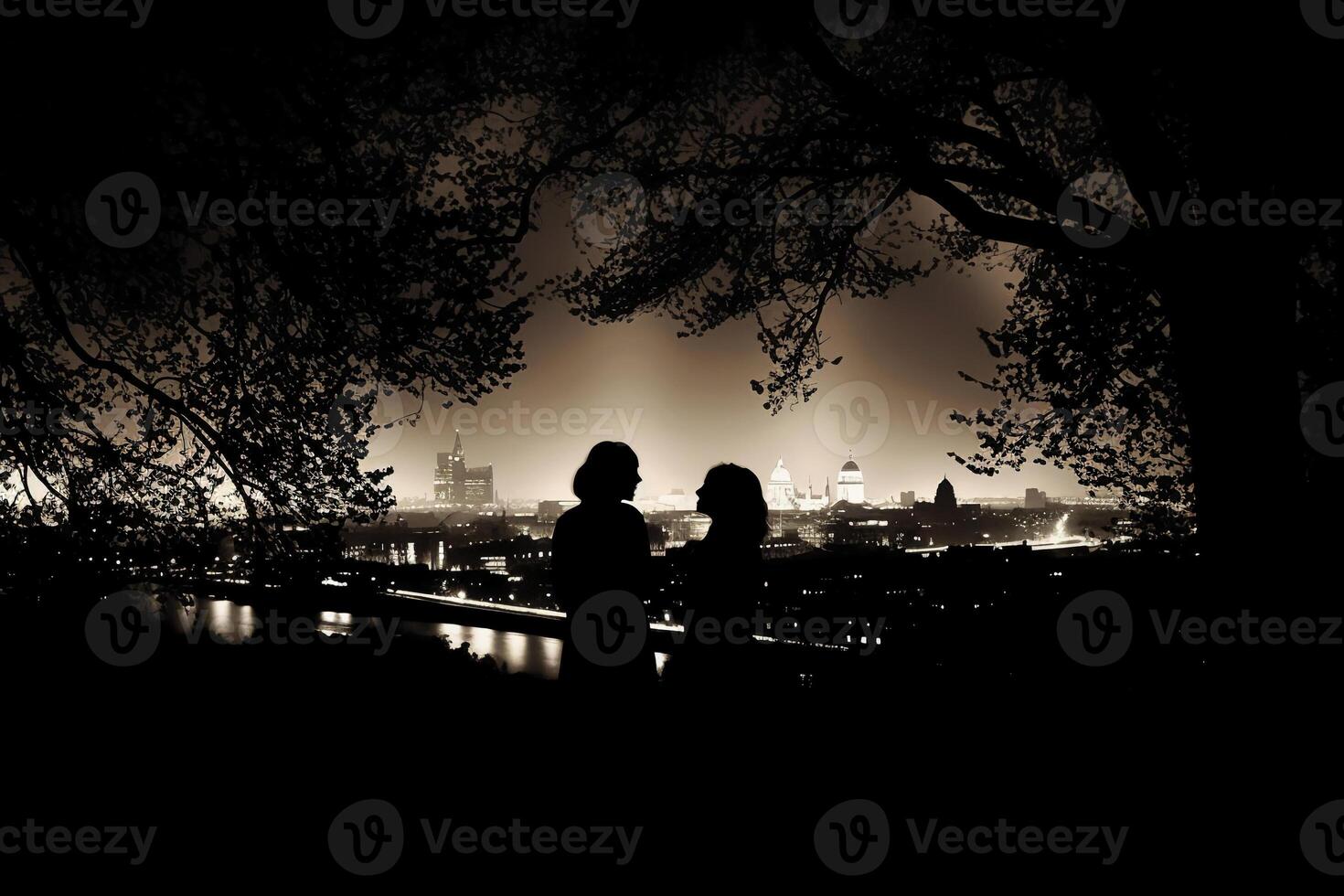 Silhouettes of two stargazing woman saying goodby, surrounded by trees and the contour of london city in the background. photo