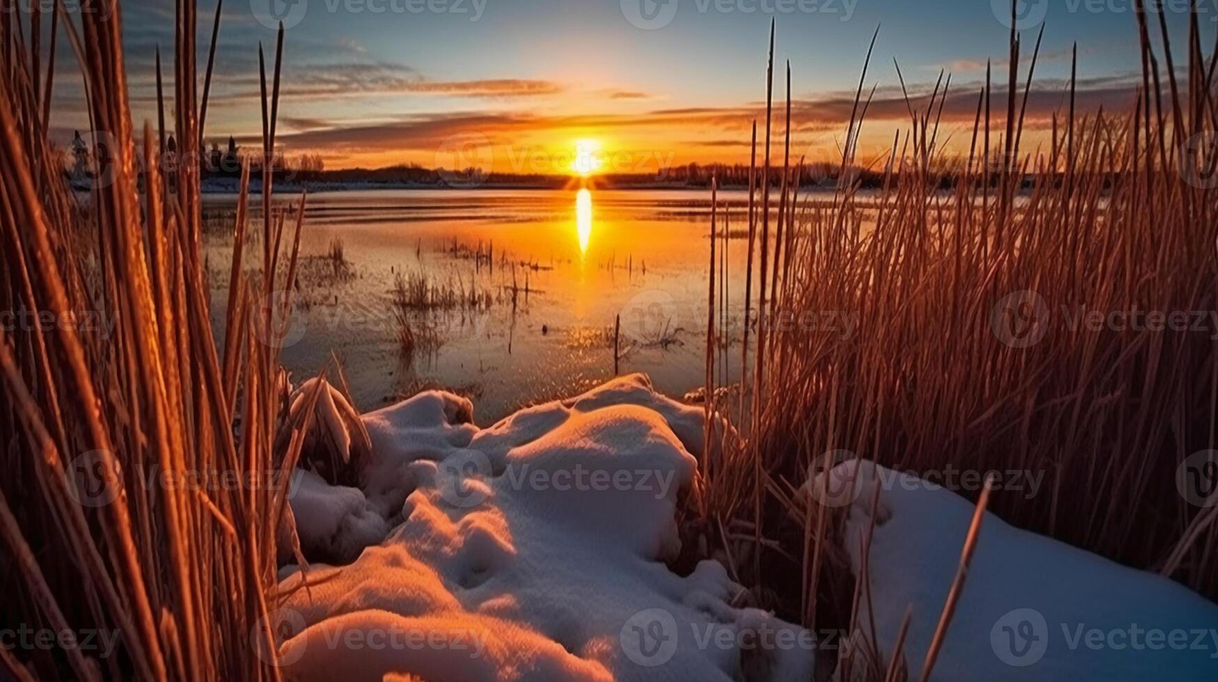 Sunset above the reeds at the edge of the lake. photo