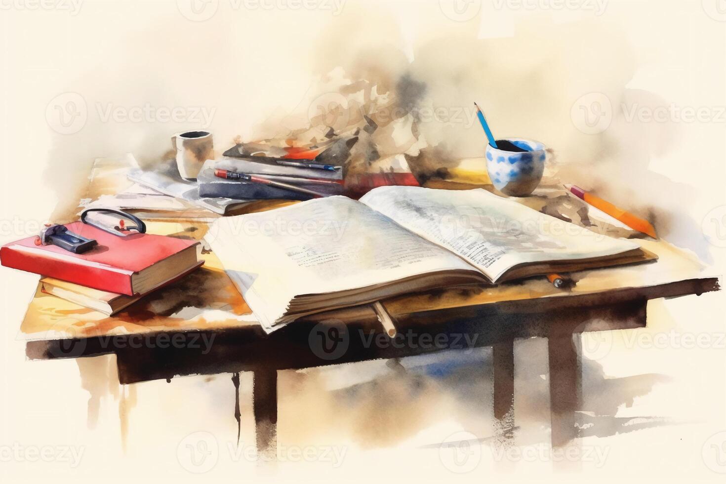 Open book on table in watercolor painting style. photo