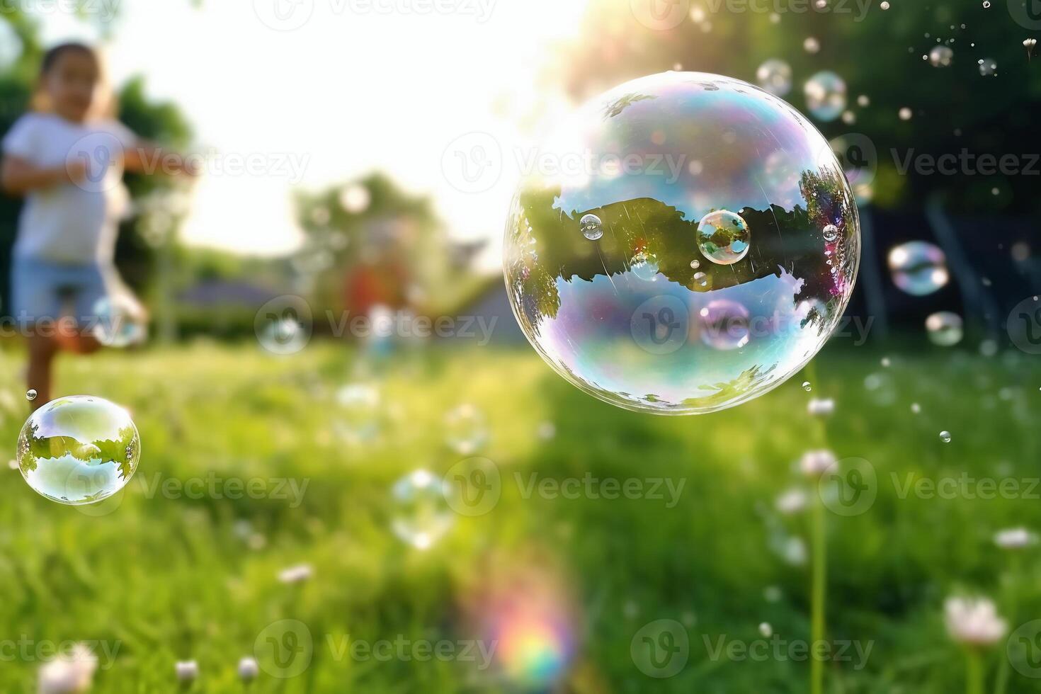 A close - up of big bubbles, blurred background of a child's legs wearing white clothes and running around on the lawn. photo