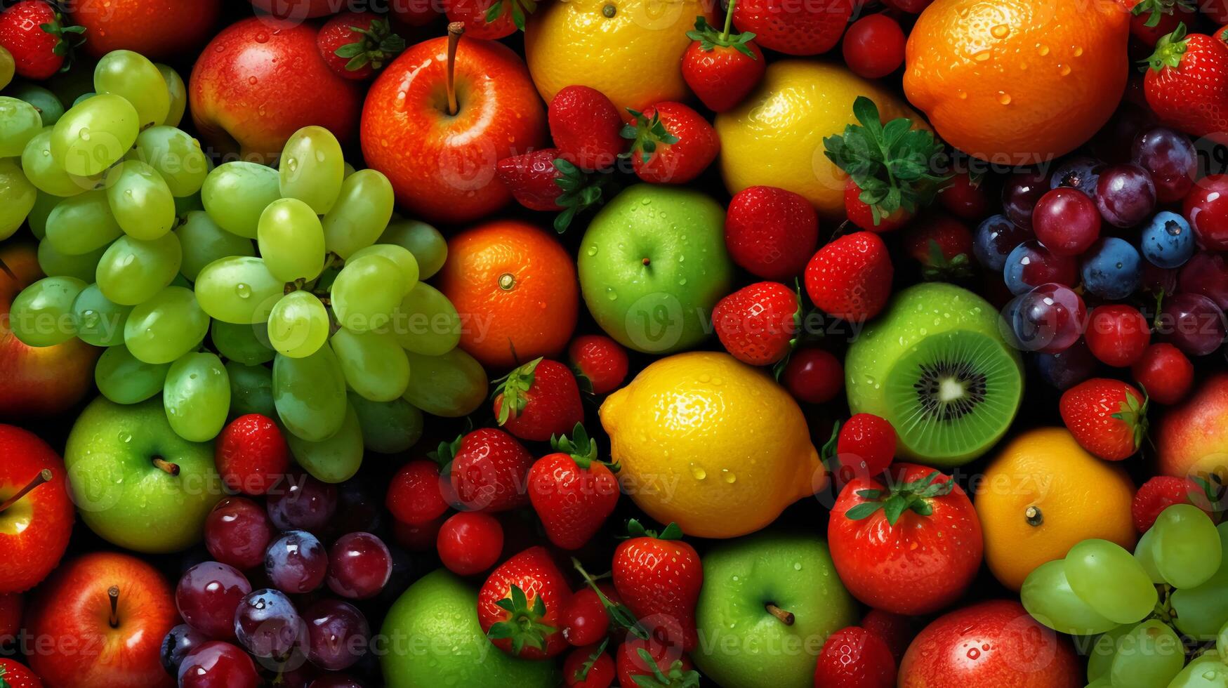 Juicy fruits top view background. photo
