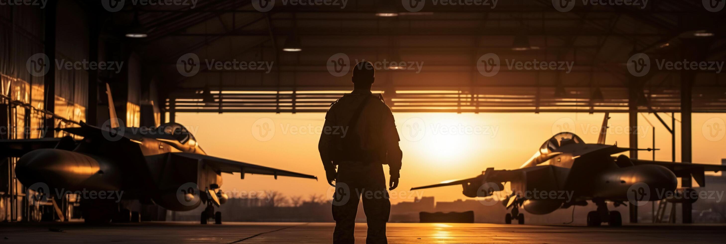 Sunset backlit view of military fighter jet pilot beside parked military airforce plane next to barracks or hangar as wide banner with copyspace area for world war conflicts. photo