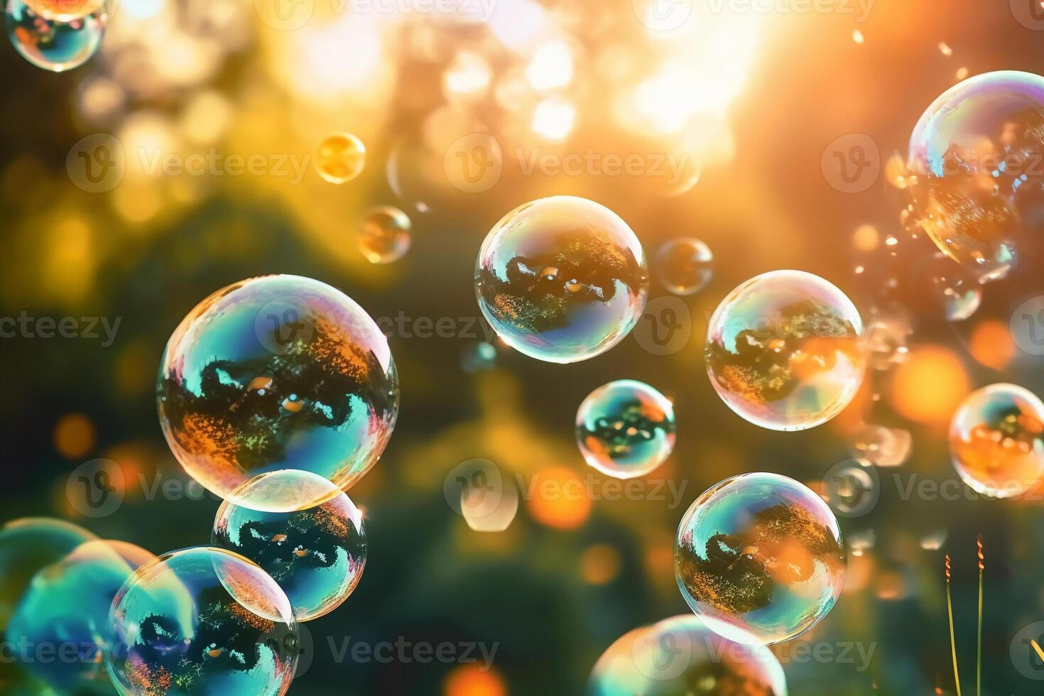 Soap bubbles against a blurred light natural summer background. photo