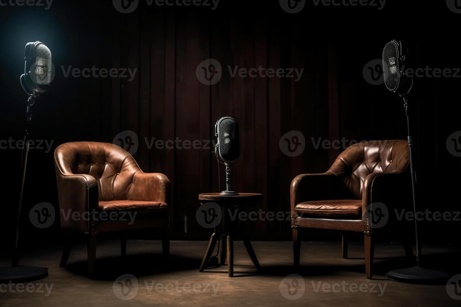 Two chairs and spotlights in podcast or interview room on dark background. photo