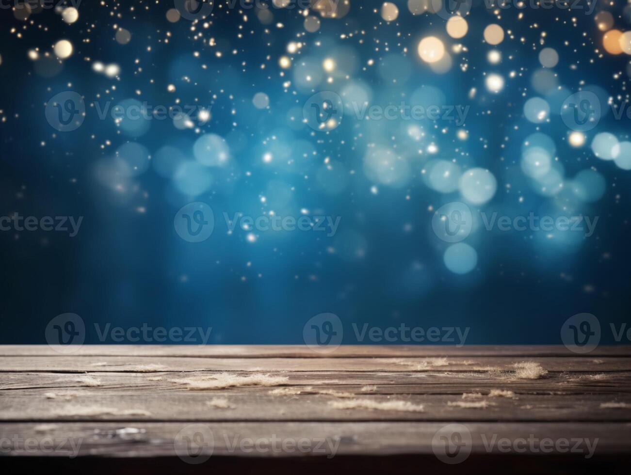 Winter snowy stage background with wooden flooring and Christmas lights on blue background, banner format, copy space. photo
