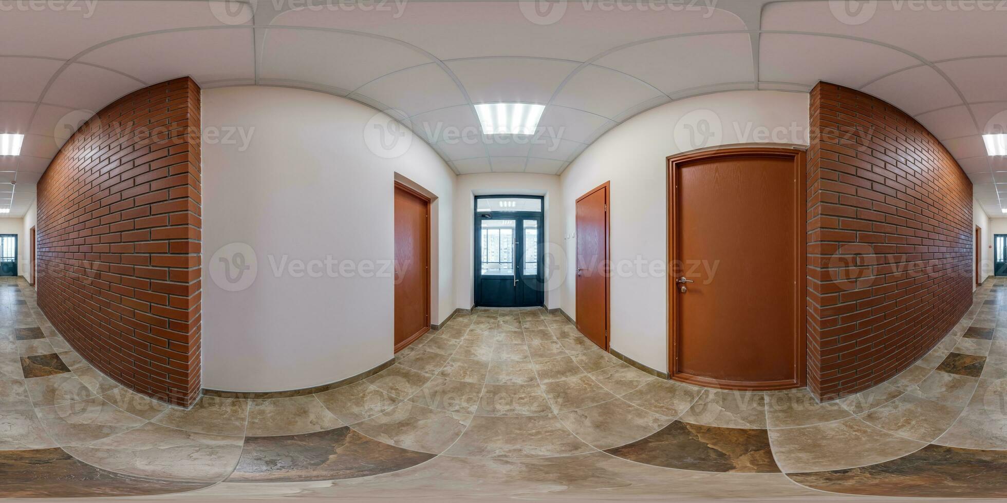 full seamless spherical hdri 360 panorama in interior of long narrow empty corridor room in modern apartments, office with many wooden doors and red brick walls in equirectangular projection photo