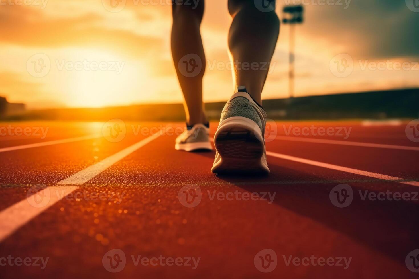 Runners feet in a athletic running track. Young man athlete training at sunset. photo