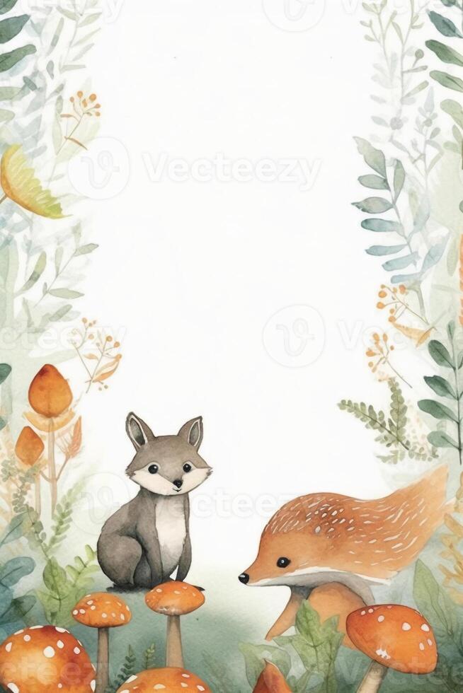 White background with simple leaves in corner with cute forest animals watercolor style. photo