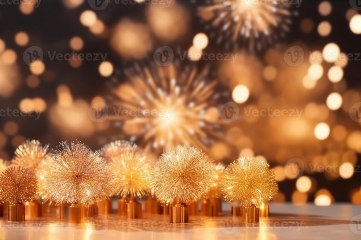 Gold and silver Fireworks and bokeh in New Year eve and copy space. Abstract background holiday. photo