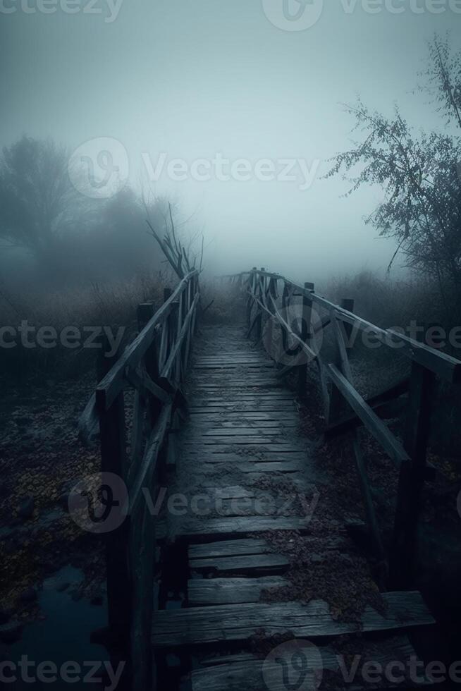 Old wooden bridge leading to nowhere in the fog, broken, gloomy dark blue, mysterious, loneliness. photo
