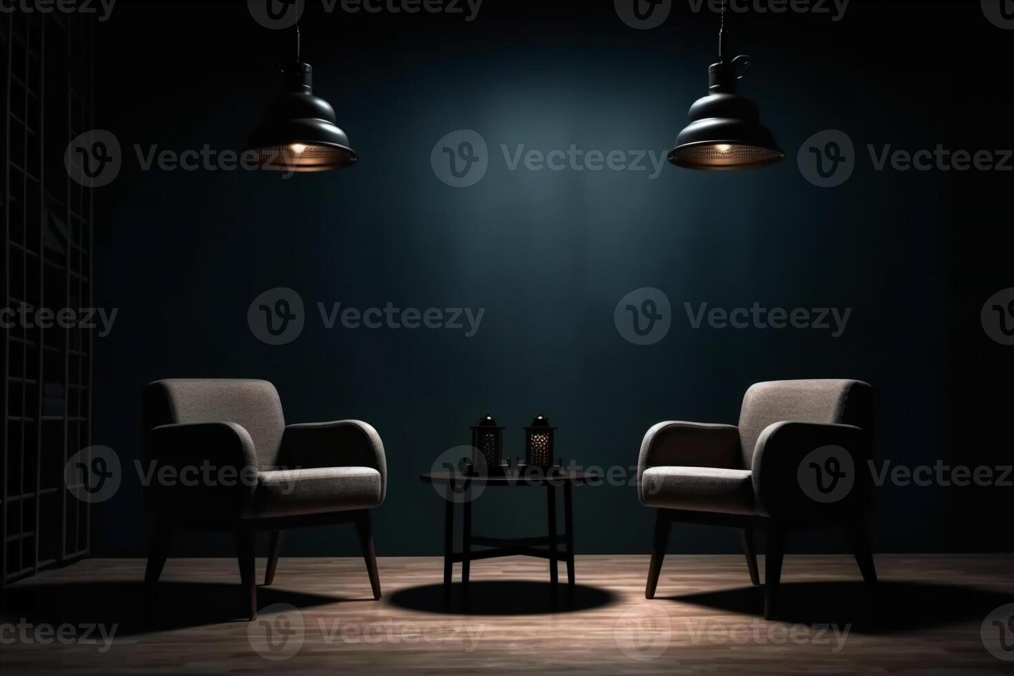 Two chairs and spotlights in podcast or interview room on dark background. photo