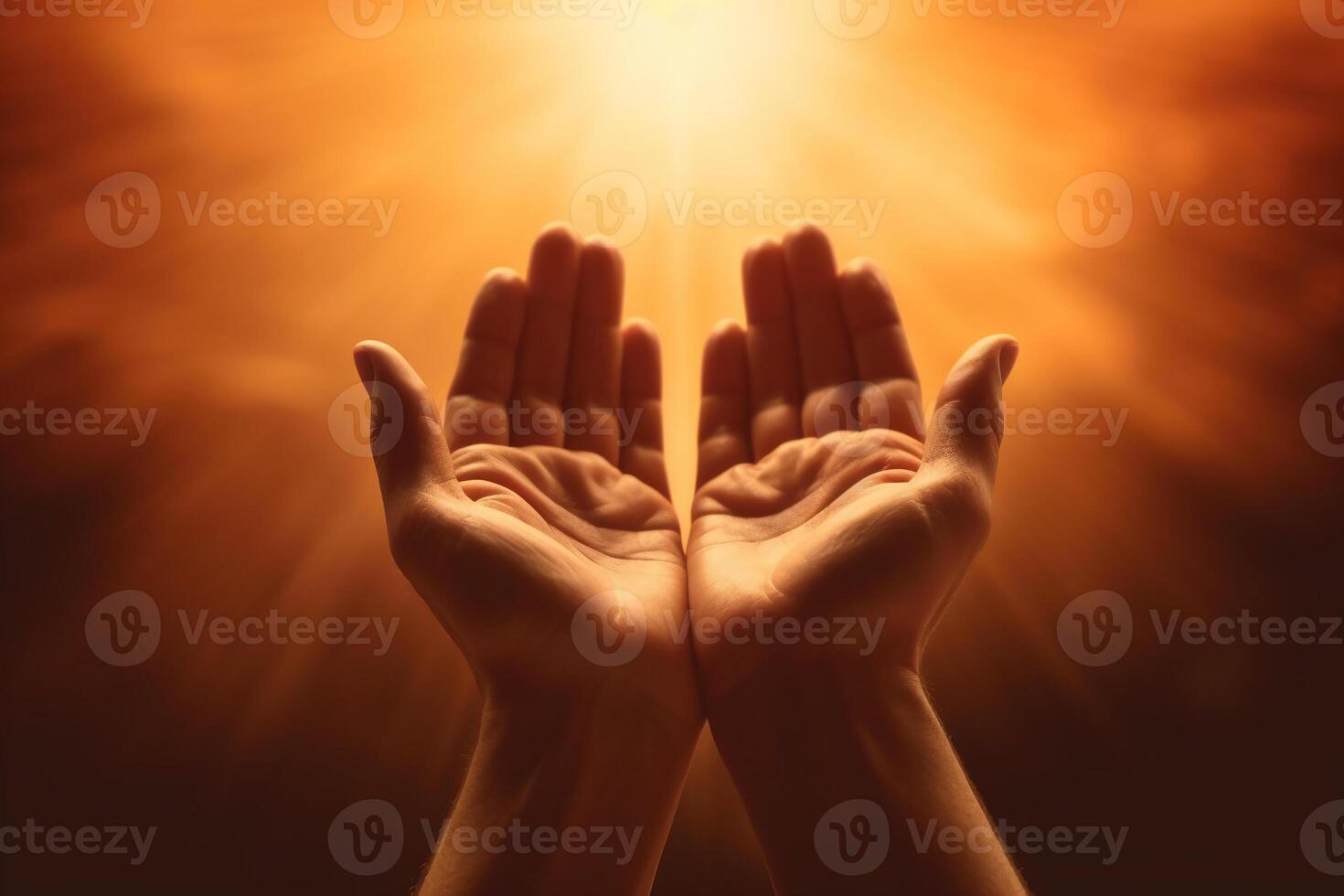 Human hands open palm up worship with faith in religion and belief in God on blessing background. photo