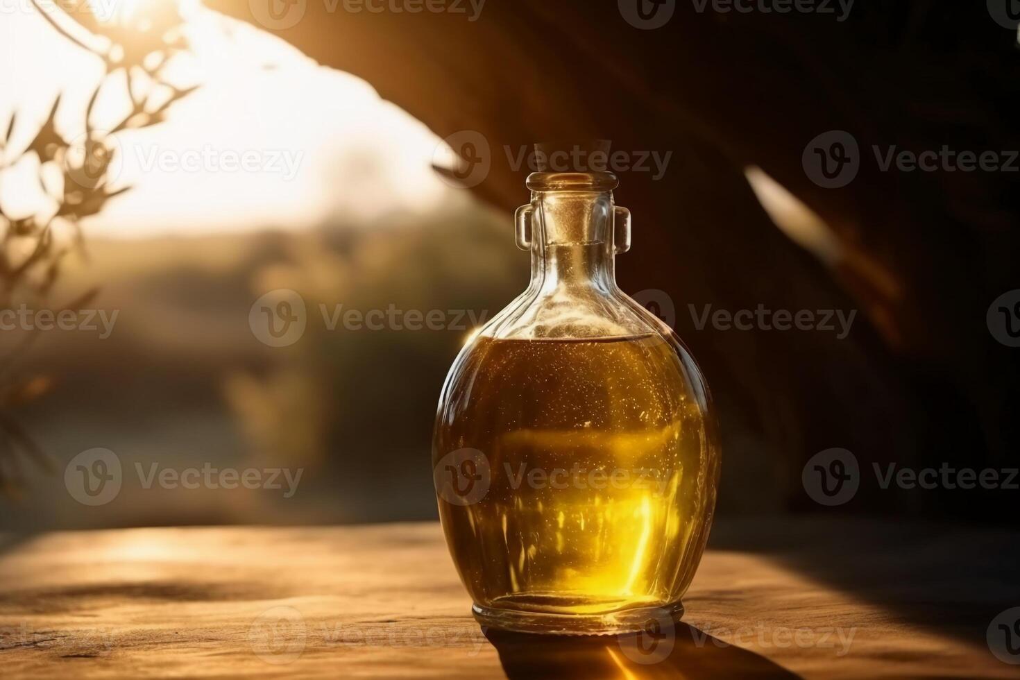 dorado aceituna petróleo botella en de madera mesa aceituna campo en Mañana luz solar. ai generativo foto