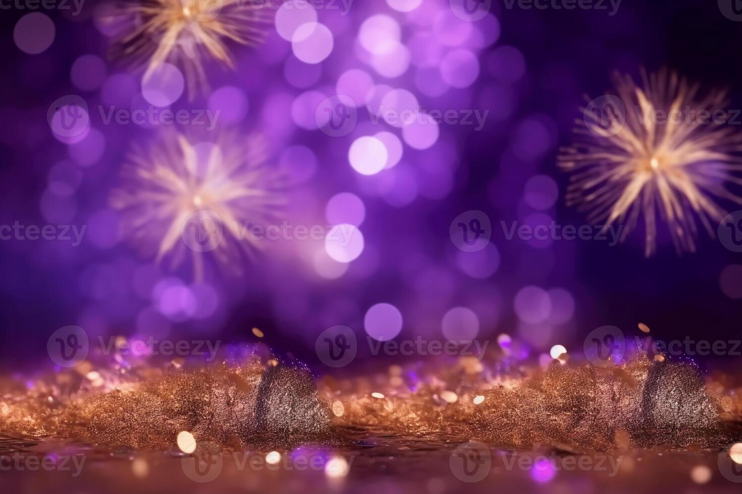 Gold and purple Fireworks and bokeh in New Year eve and copy space. Abstract background holiday, photo