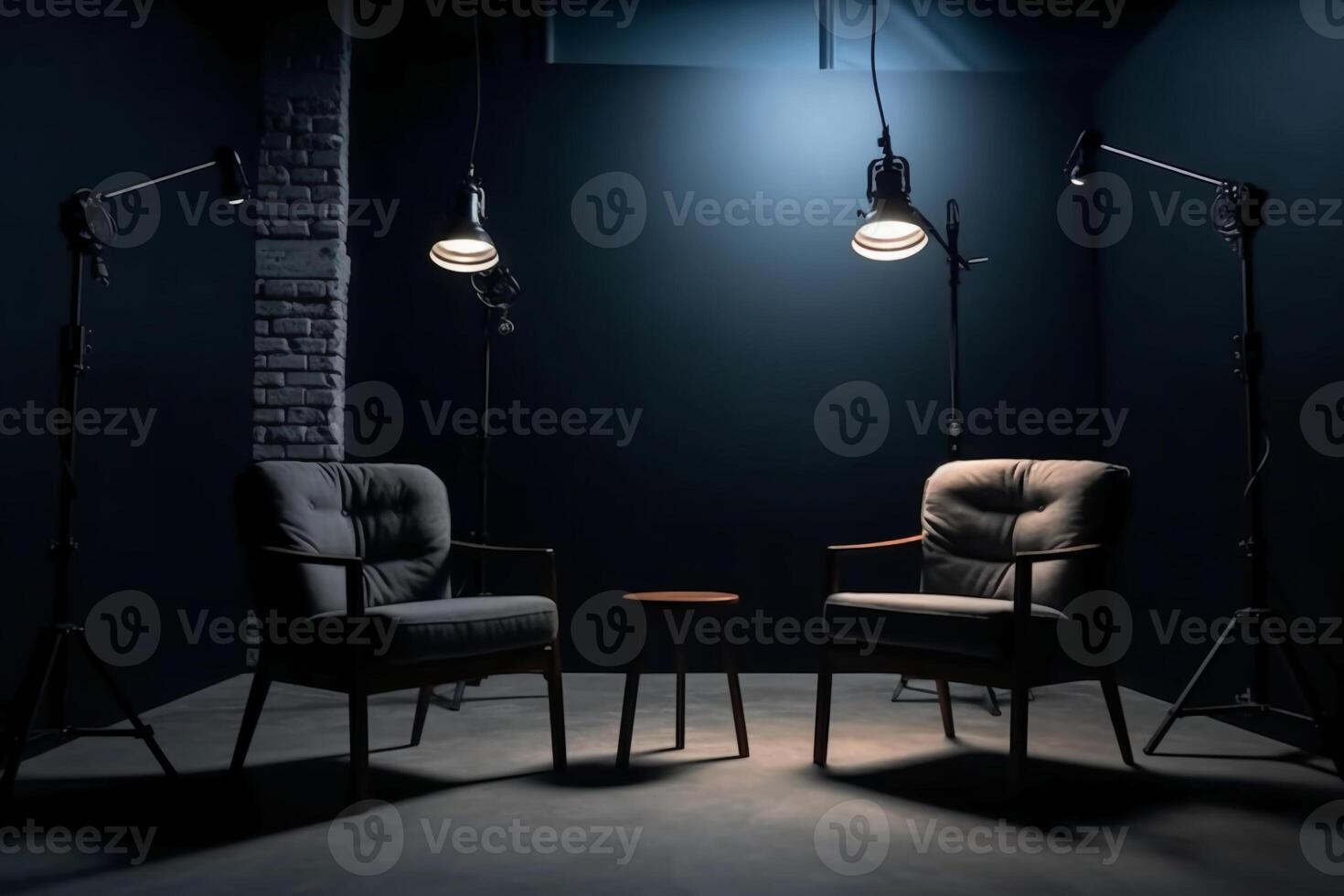 Two chairs and spotlights in podcast or interview room on dark background. photo
