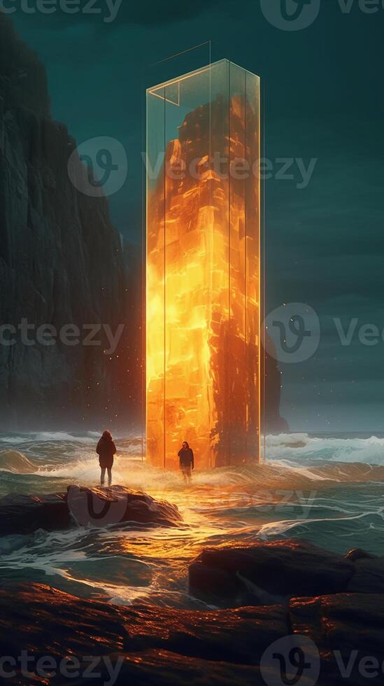 An enormous light next to the ocean. photo