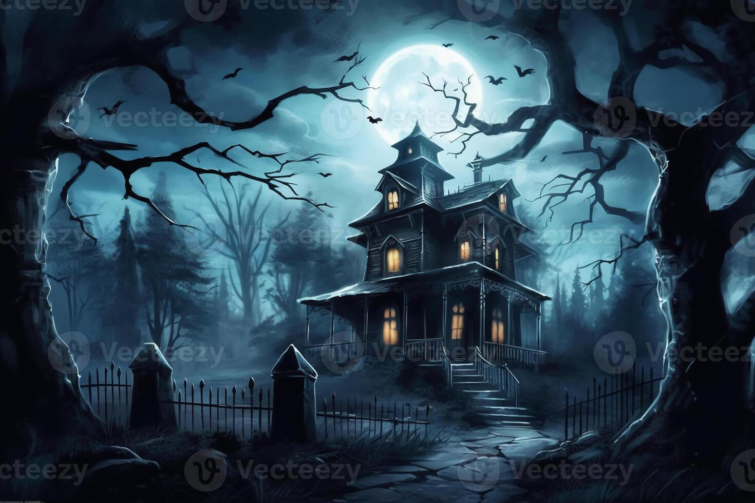 Creepy haunted mansion, spooky moonlit sky, trees in background with eyes shining from shadows. photo