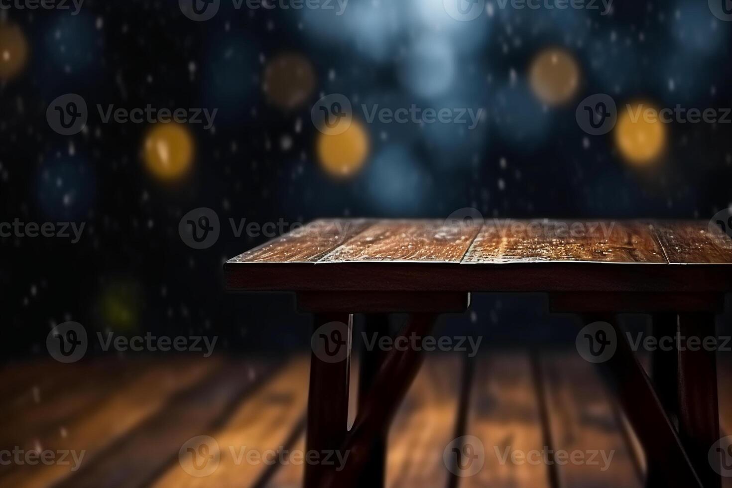 Wooden table with dark blurred background. photo
