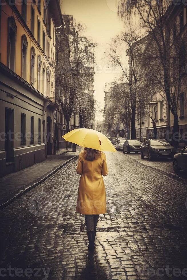 Yellow umbrella in hand of woman walking on a colorless street. photo