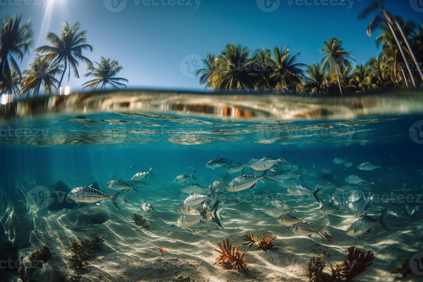 Photograph of beautiful inviting beach scene with blue sky. photo