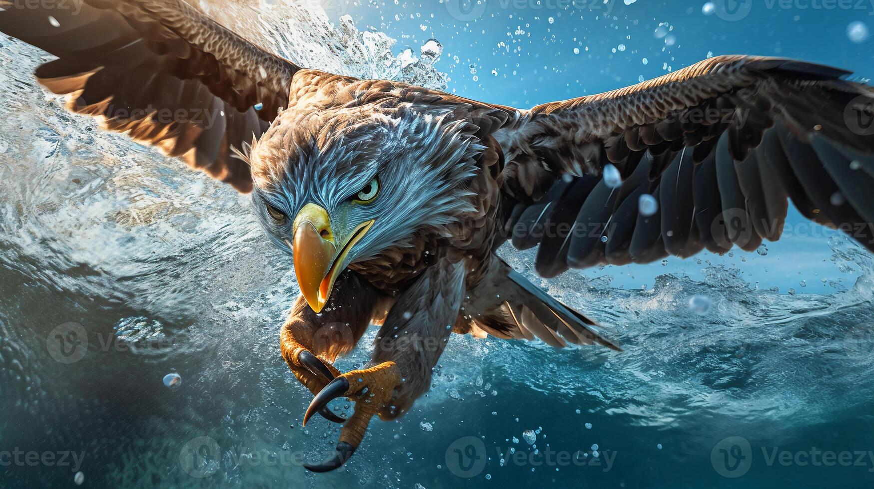 Close up of eagle grabbing the fish above blue water. photo
