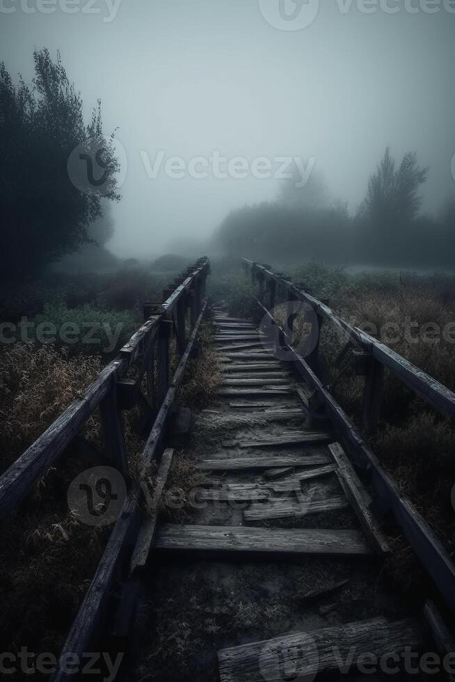 Old wooden bridge leading to nowhere in the fog, broken, gloomy dark blue, mysterious, loneliness. photo