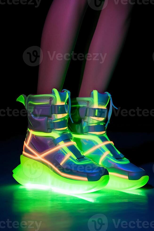 Futuristic neon sneakers with cyberpunk influence. photo
