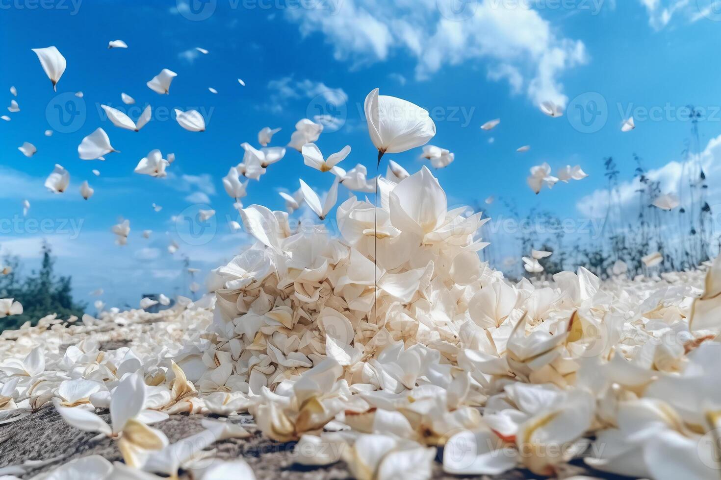 The white petals fall off with blurred clear blue sky and cloud. photo