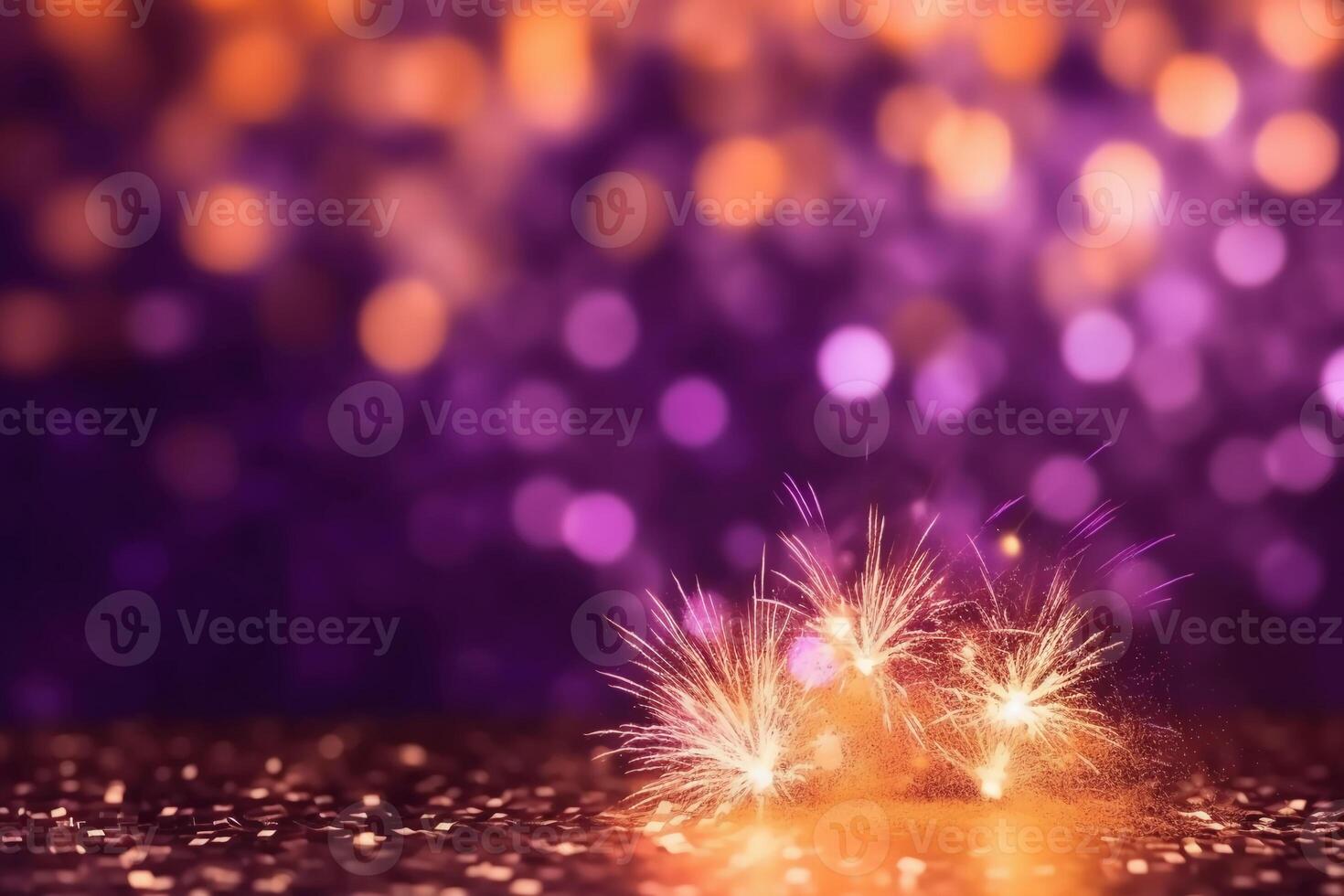 Gold and purple Fireworks and bokeh in New Year eve and copy space. Abstract background holiday, photo